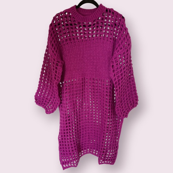 Womens Purple Crochet Knit Sweater Dress Midi Pullover Long Sleeve Open Knit OS - Picture 5 of 9